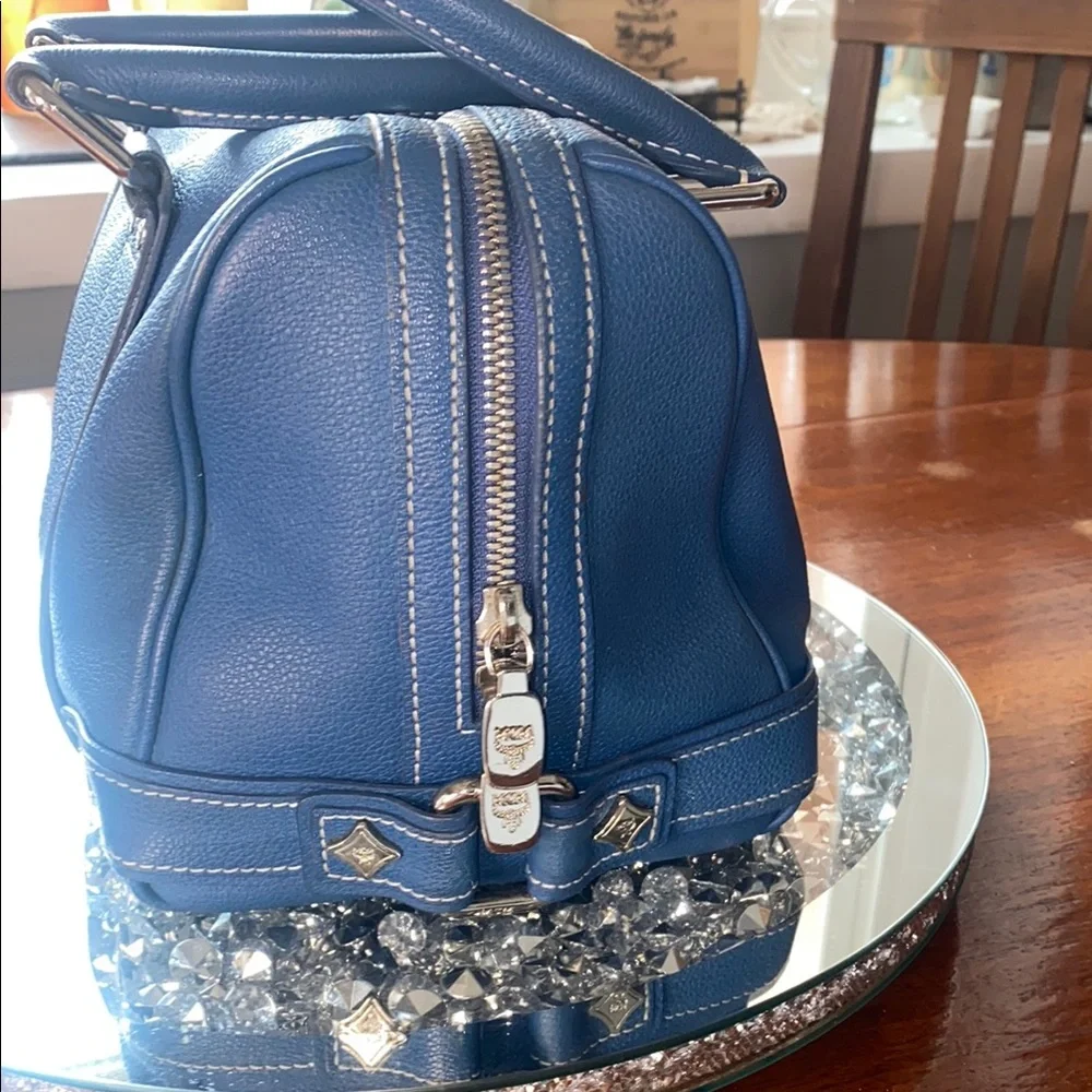 MCM Blue Satchel with Gold Accents with Card of Authenticity Boston style